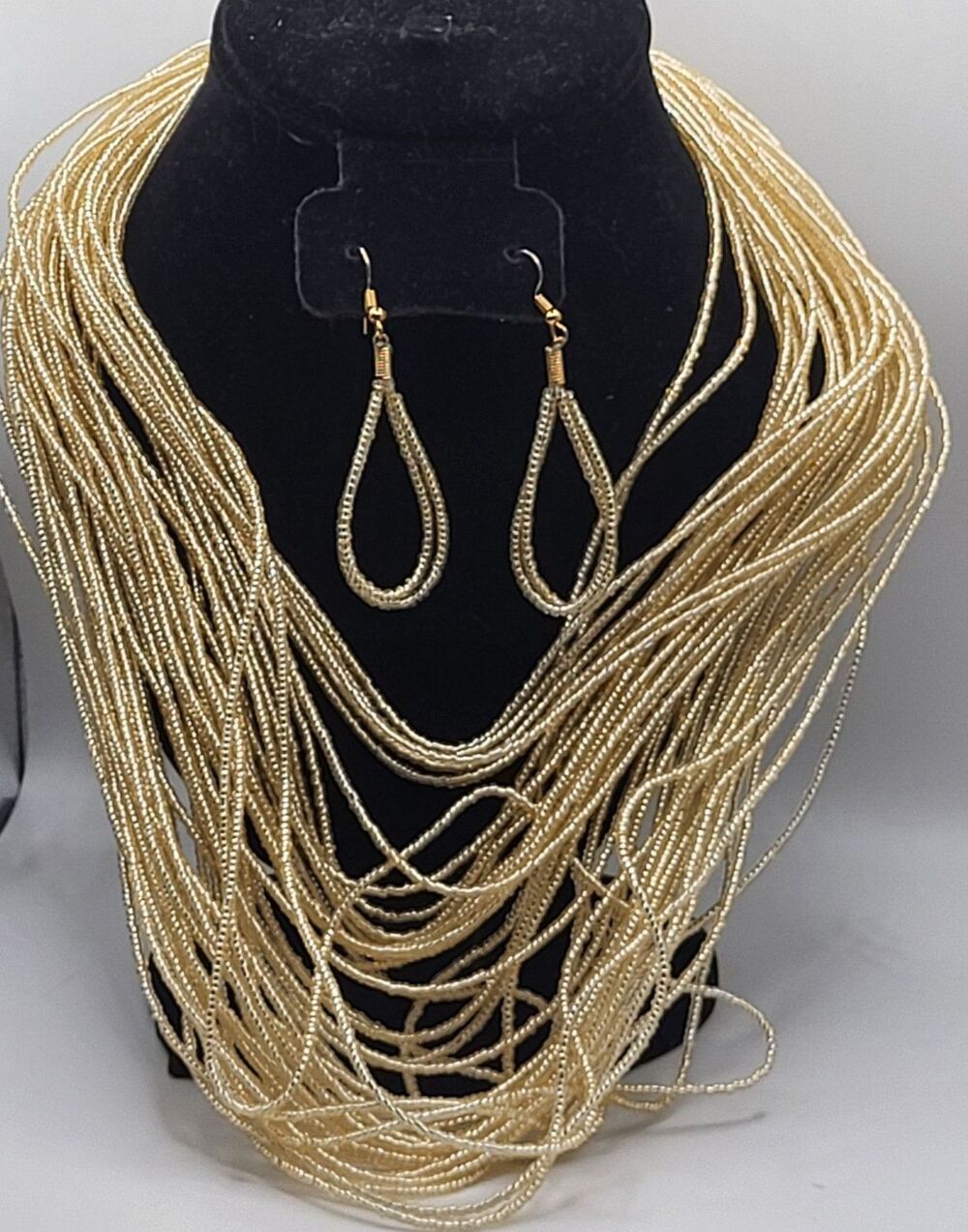 Vtg Champagne Gold MultiStrand Layered Statement Necklace Teardrop Earring Set